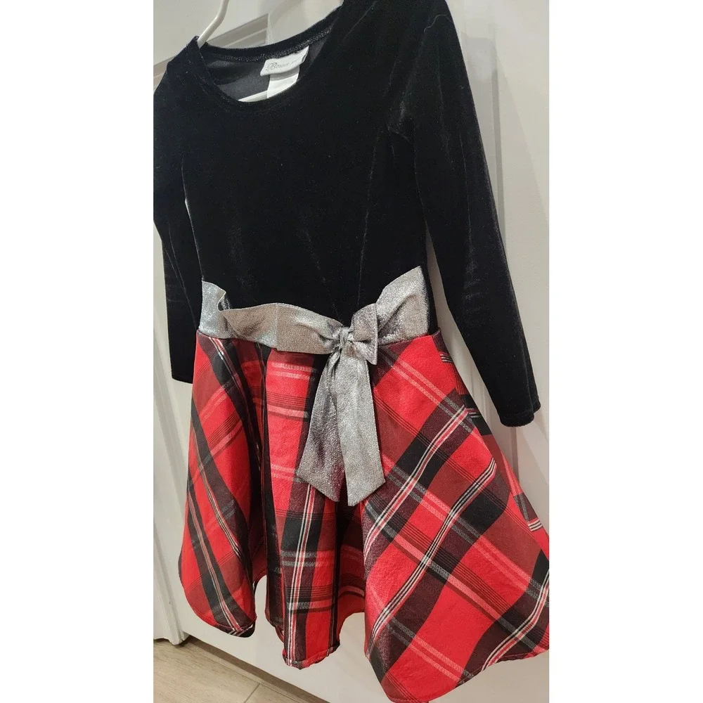 Bonnie Jean Girls Black‎ Velvet Red Plaid Silver Holiday Dress Christmas Size 4T